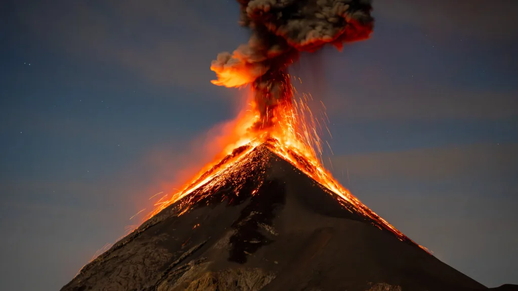 Fuego volcano erupting at night from Acatenango base camp