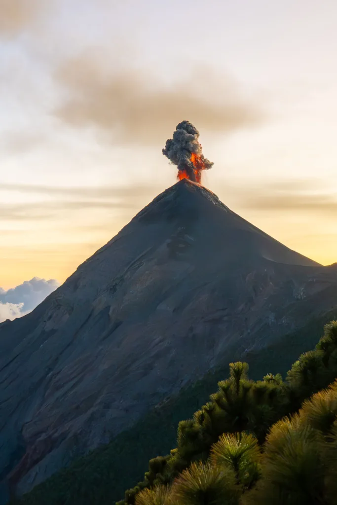 Fuego erupting at sunset